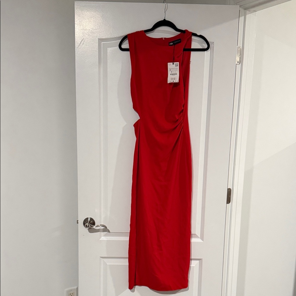 Zara Red Sleeveless Maxi Dress with Side Ruching